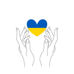 Kobiece dłonie i serce pomalowane w barwy Ukraińskiej flagi. Symbol nadziei i pokoju. Wsparcie. Ilustracja wektorowa.