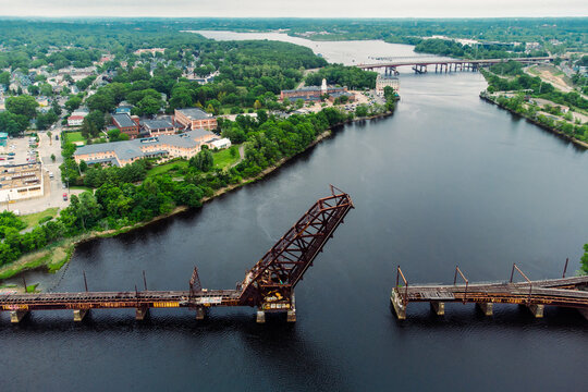 Aerial view of the famous Crook Point Bascule Bridge, a defunct Scherzer rolling lift railway bridge