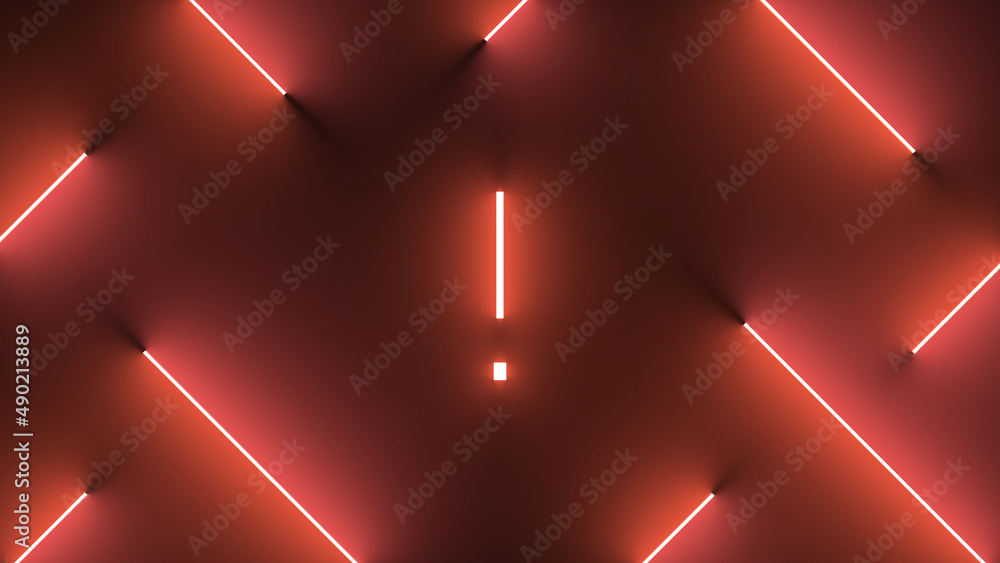 Poster digital render of neon red lines around an illuminated exclamation point symbol