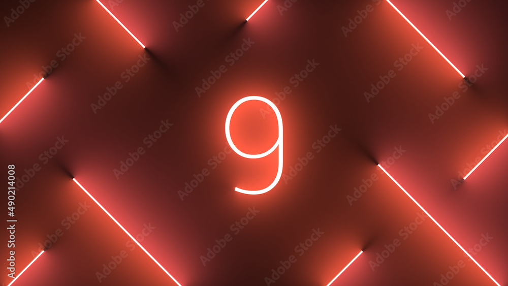 Poster digital render of neon illuminated lines around an illuminated number 9 sign