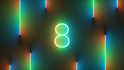 Illustration of bright number 8 with colorful neon lights - obrazy, fototapety, plakaty