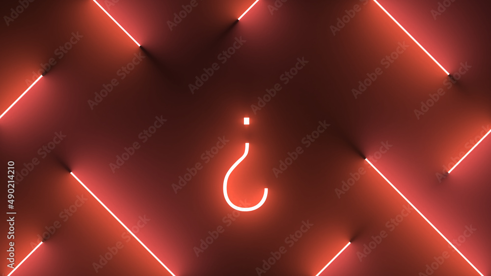 Poster digital render of neon red lines around an illuminated upside down question mark symbol