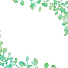 水彩画。水彩タッチの草木イラスト。水彩の草木装飾フレーム。緑のハーブのイラスト枠。Watercolor painting. Illustration of plants and trees with a touch of watercolor. Watercolor plants and trees decoration frame. Green herb illustration frame.
