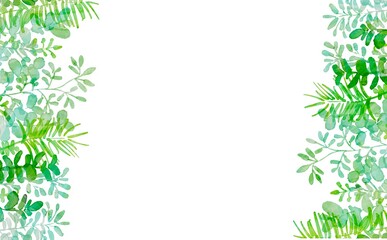 水彩画。水彩タッチの草木イラスト。水彩の草木装飾フレーム。緑のハーブのイラスト枠。Watercolor painting. Illustration of plants and trees with a touch of watercolor. Watercolor plants and trees decoration frame. Green herb illustration frame.