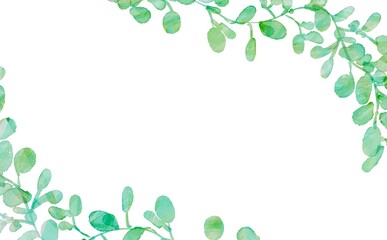 水彩画。水彩タッチの草木イラスト。水彩の草木装飾フレーム。緑のハーブのイラスト枠。Watercolor painting. Illustration of plants and trees with a touch of watercolor. Watercolor plants and trees decoration frame. Green herb illustration frame.