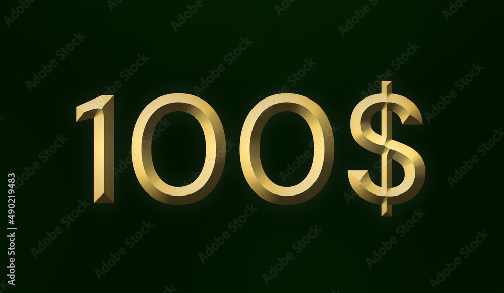 Poster digital render of a gold 100 dollar sign on a black background