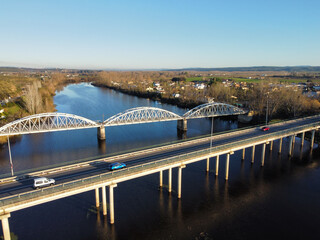 Aerial view of two bridges of the peaceful river, Coria, Caceres, Spain