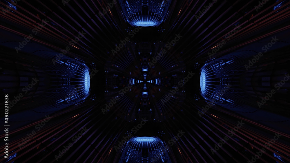 Poster 3d rendering of futuristic kaleidoscopic patterns background in vibrant blue and black colors