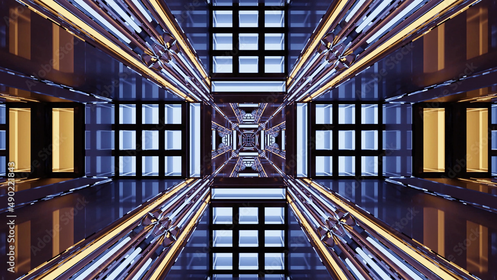 Poster 3d rendering of futuristic kaleidoscopic patterns background in vibrant blue and white colors