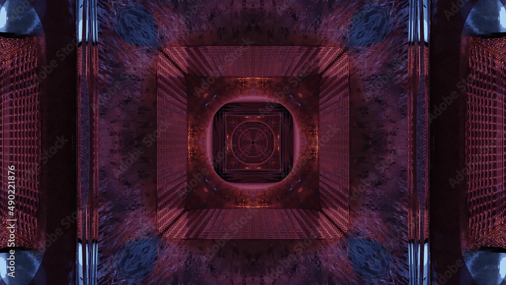 Poster 3d rendering of futuristic kaleidoscopic patterns background in vibrant maroon and blue colors