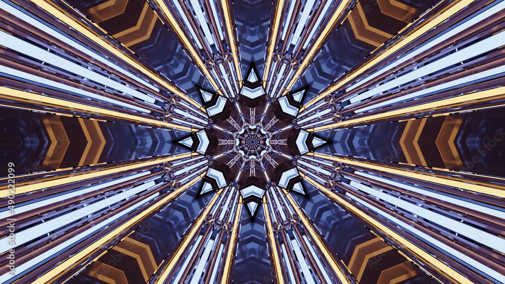 Poster 3d rendering of futuristic kaleidoscopic patterns background in vibrant blue and white colors