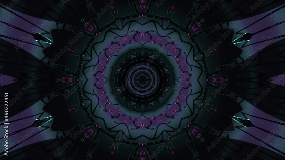 Poster 3d rendering of futuristic kaleidoscopic patterns background in vibrant purple and black colors