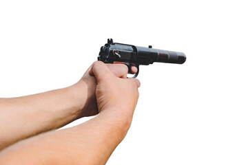 Isolate, a combat pistol with a silencer in the hands of a man. On a white background.