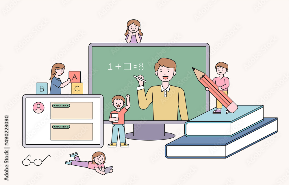 Poster a teacher is teaching a class on a large monitor. cute students are studying around the monitor. fla