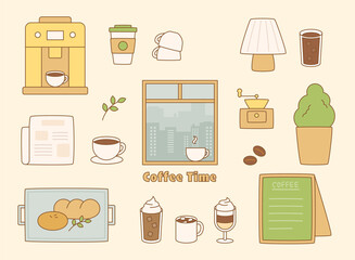 A collection of cafe interior objects. flat design style vector illustration.