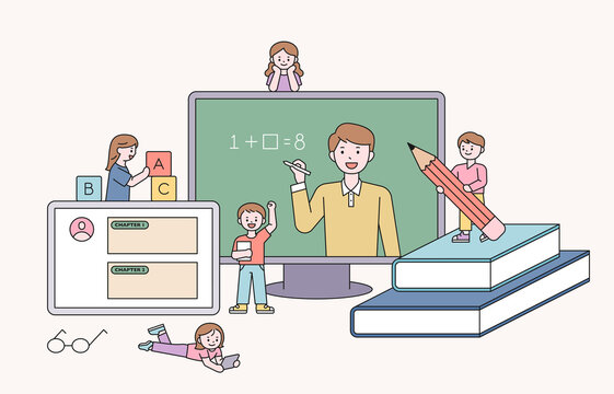 A teacher is teaching a class on a large monitor. Cute students are studying around the monitor. flat design style vector illustration.