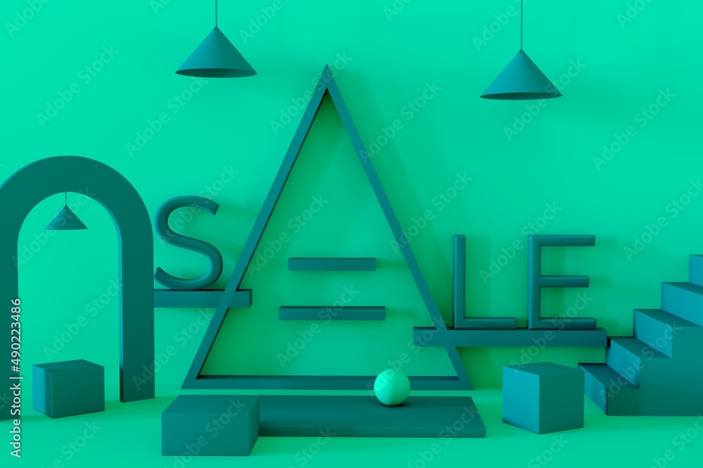 Wall mural home or architecture type sale 3d render concept. green background with empty podium for display.