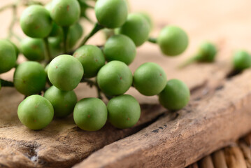 Pea eggplant or Turkey berry (Solanum torvum) on wooden background, Edible green fruits in Thai food curry or chili pastes