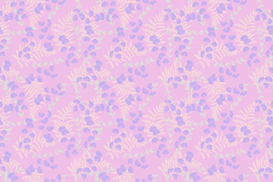 Seamless Vector Pattern Of Purple Flowers And Branches On Pink Background