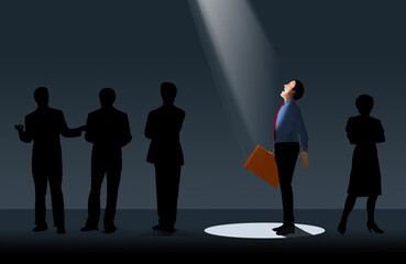A man in a group of people is spotlighted and is deemed selected for some reason in a 3-d illustration about being lucky and the chosen one.