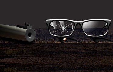 Fototapeta na wymiar A BB gun is next to a pair of glasses with a lens shattered by the lone BB sitting beneath the broke lens in a 3-d illustration.