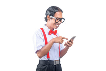 Asian nerd with an ugly face holding mobile phone