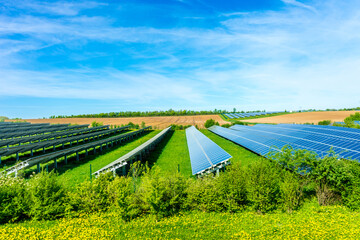 Landscape of solar panels in a field covered in greenery under the sunlight in Frankfurt, Germany