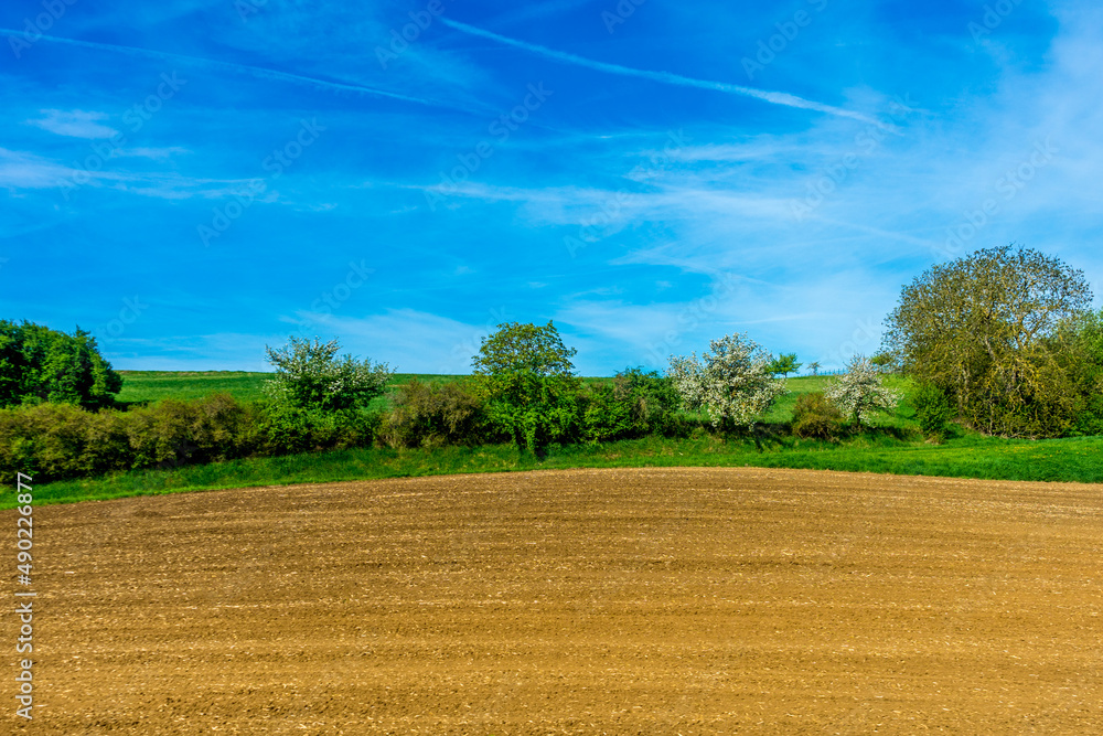 Poster landscape of a harvested farm field surrounded by greenery under a blue sky in frankfurt, germany