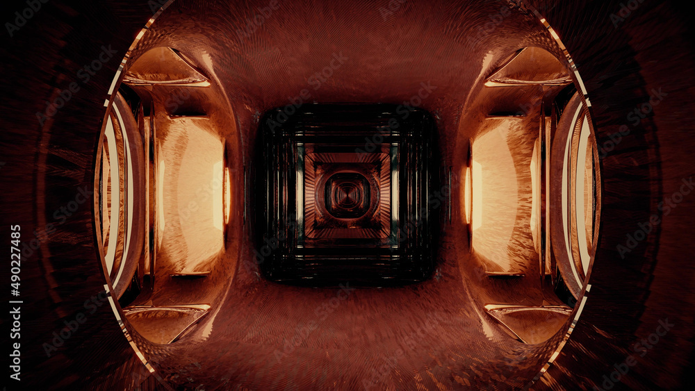 Aufkleber 3d rendering of a futuristic round shaped sci-fi tunnel illuminated with orange lights