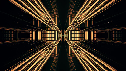 Fototapeta premium 3D rendering of a futuristic kaleidoscopic x shaped sci-fi corridor illuminated with golden lights