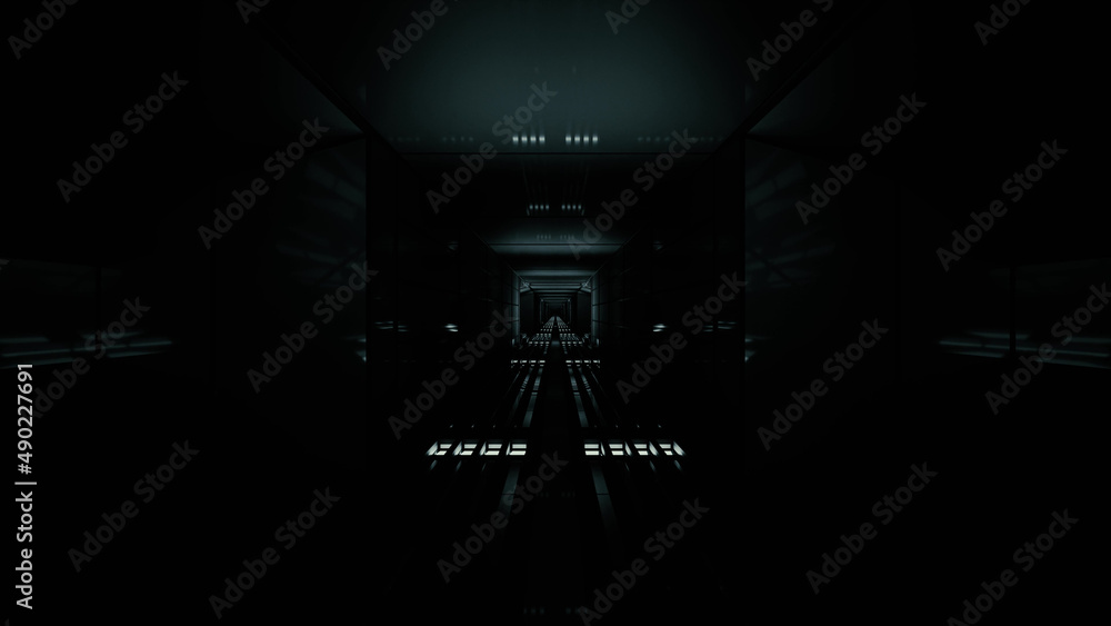 Wall mural 3d rendering of a futuristic sci-fi dark corridor in black