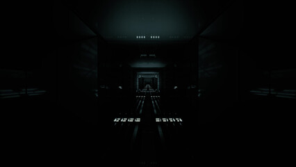 3D rendering of a futuristic sci-fi dark corridor in black