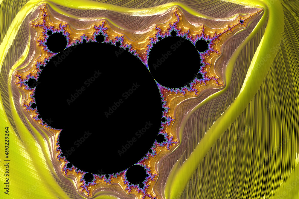 Poster fractal art texture with abstract black spots in the colorful glossy background