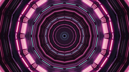 3D illustration of a round shaped sci-fi tunnel enlightened by pink outlines