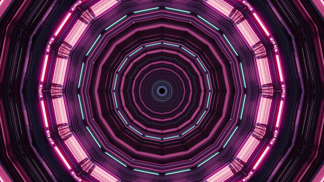 3D illustration of a round shaped sci-fi tunnel enlightened by pink outlines