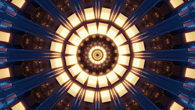 3D Illustration Of A Round Shaped Kaleidoscopic Pattern Enlightened With Yellow Led Lights