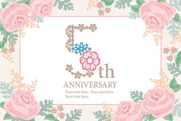 5周年アニバーサリーのデザイン素材。レースをイメージしたデザイン文字とお花のフレーム。ベクター。