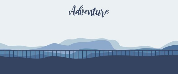 Mountain layers landscape vector design concept can be used for background, backdrop, desktop background, wallpaper, illustration. Blue mountain landscape with fences illustration.