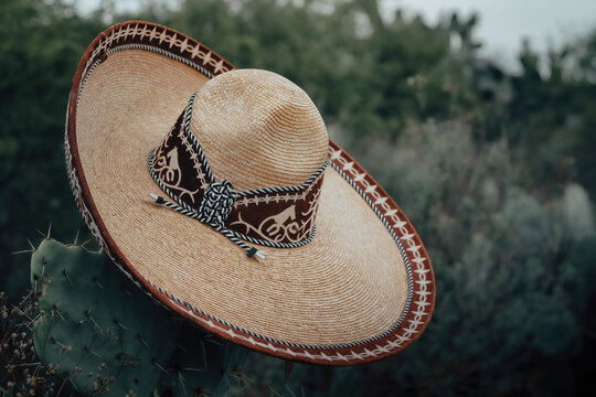 Close-up shot of an elegant charro hat hanging from a cactus