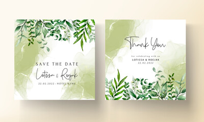 elegant hand drawn greenery leaves watercolor wedding invitation card