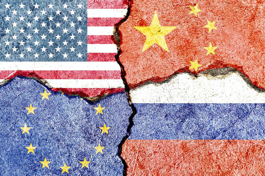 US (United States) vs China vs EU (European Union) vs Russia national flags isolated on cracked wall