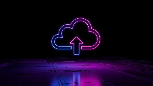 Pink and Blue Data storage Technology Concept with cloud upload symbol as a neon light. Vibrant colored icon, on a black background with high tech floor. 3D Render