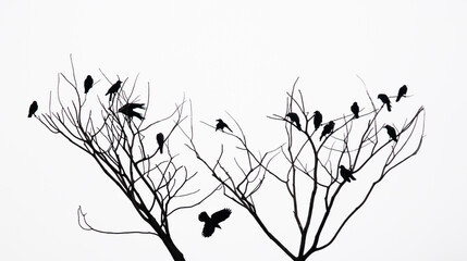 Silhouettes of crows sitting in the bare branches of the tree on a white background
