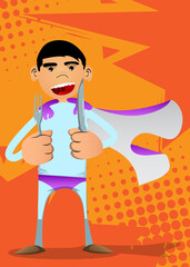 Funny cartoon man dressed as a superhero holding up a knife and fork. Vector illustration.