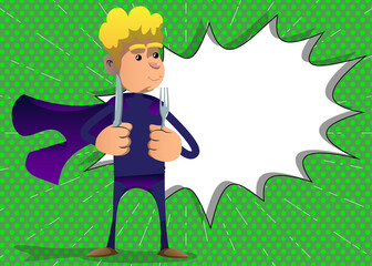 Funny cartoon man dressed as a superhero holding up a knife and fork. Vector illustration.