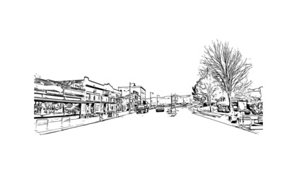 Building view with landmark of Missoula is a city in western Montana.  Hand drawn sketch illustration in vector.