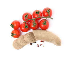 Delicious liverwurst with cherry tomatoes and spices on white background, top view