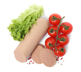 Delicious liverwurst with cherry tomatoes, lettuce and spices on white background, top view