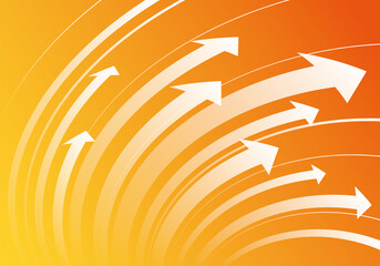 上昇する曲線の矢印で構成した鮮やかなオレンジ色のグラデーションの背景イラスト