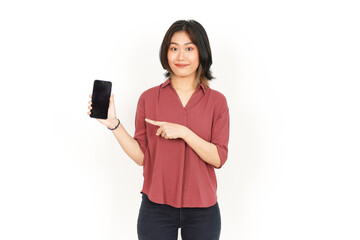 Naklejka premium Showing and Presenting Apps or Ads On Blank Screen Smartphone Of Beautiful Asian Woman
